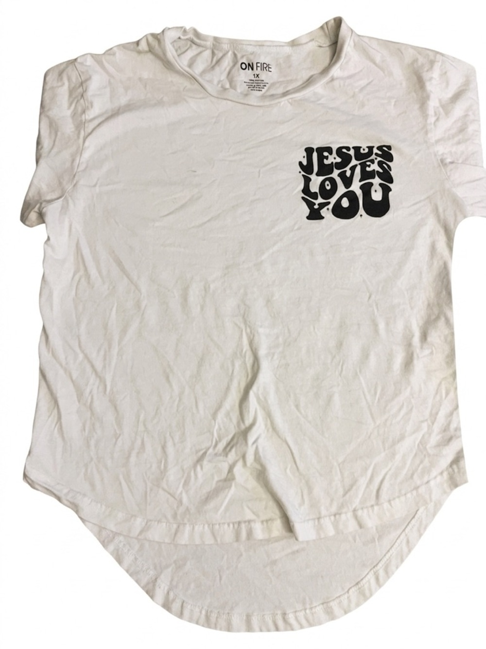 On Fire White Tee with Black 'Jesus Loves You' Chest Graphic